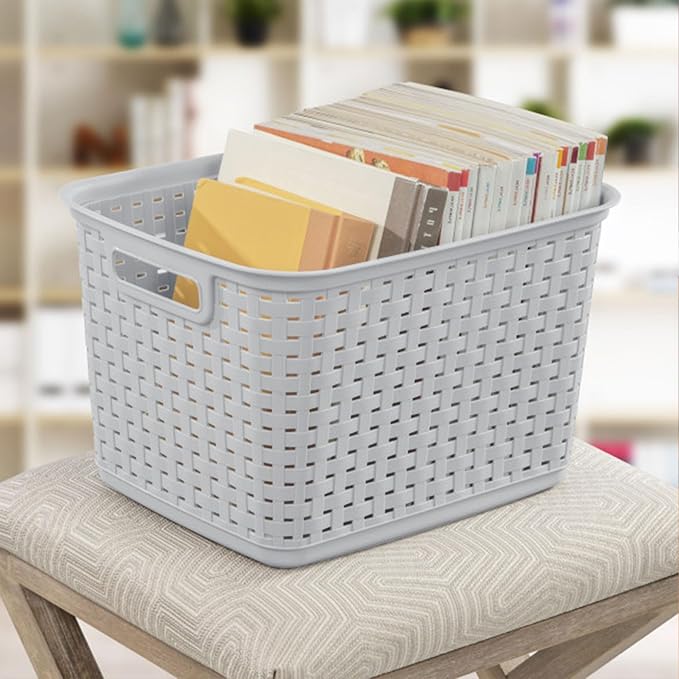 Sterilite 12-Pack Tall Weave Basket, Wicker-Style Plastic Open Storage Bin, Cement Gray - Multi-Purpose Decorative Organizer 