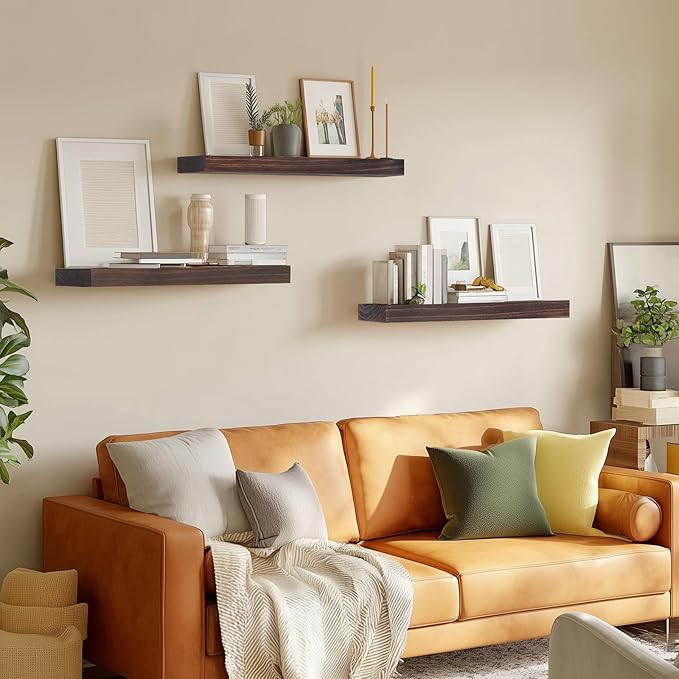 Floating Wall Shelf 16x6.8x1.7 Inch – Solid Wood Shelf in Walnut Finish – Wall Mounted Rustic Display Organizer for Bathroom,