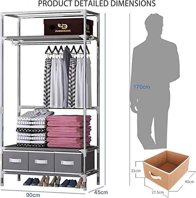 Portable Wardrobe Closet,Foldable Clothes Organizer with 3 Storage Box 35in Simple Non-Woven Fabric Wardrobe Multi-Functional