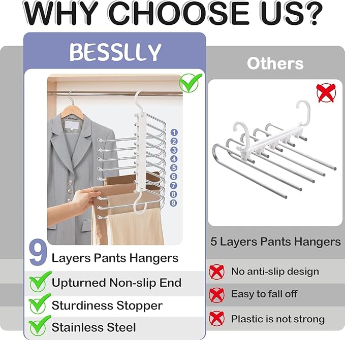 Upgrade 9 Layers Pants Hangers Space Saving, 4 Pack Pant Hangers Organizer Multifunctional Pants Rack Space Saver Closet Orga