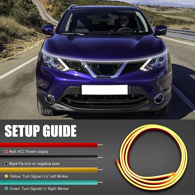 DREAMIZER Car Hood Light Strip 94" Dual Color Dynamic Scan Start Up Car Hood Light Strip Sequential Flowing Daytime Running Lights Turn Signal Lights for Cars,SUV,Trucks