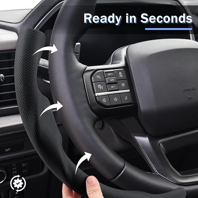 Steering Wheel Cover for Ford F150 2021-2025/ F-150 Lightning 2022-2025/ F250 F350 F450 F550 2023-2025/ Ford Expedition 2022-2024 Steering Wheel Cover Protector Accessories(Perforated Black Leather)