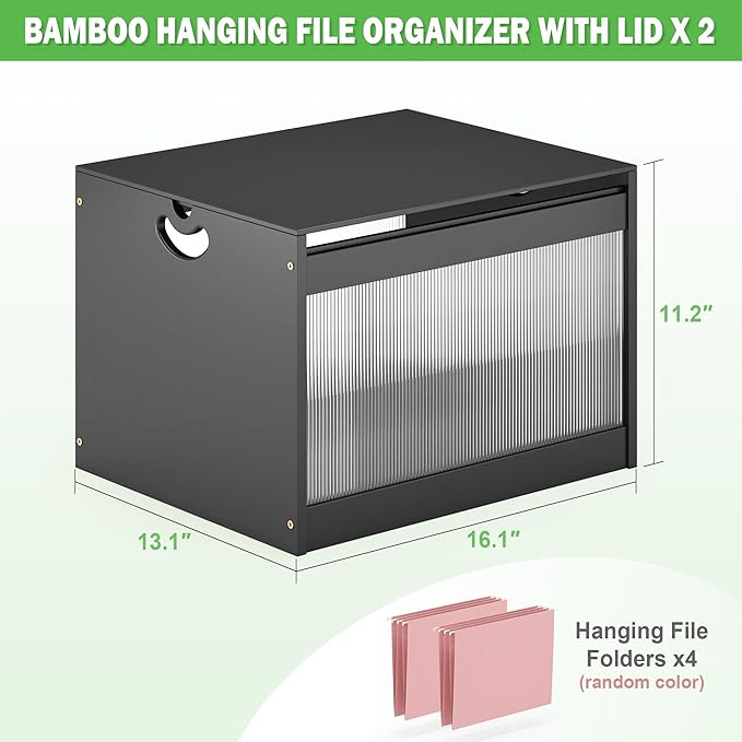 Hanging File Box Organizer for Letter Size, 2 Pack Bamboo Acrylic File Folder Storage with Lid Clear Moving Boxes Wood with H
