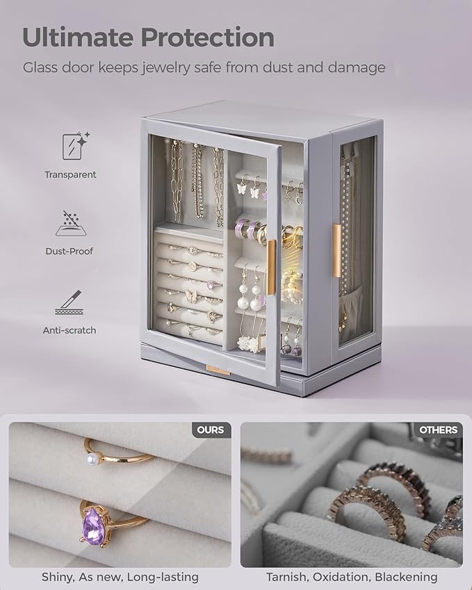 Glimmloop 360° Rotating Jewelry Box with 5 Drawers, Spacious Vertical Jewelry Organizer with Glass Window, Jewelry Storage Ca
