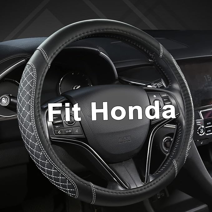 West Llama Customized Auto Car Steering Wheel Cover for Honda Civic, CR-Z, Insight, S2000, 14" - 14.25" (Diamond Quilted-Blac