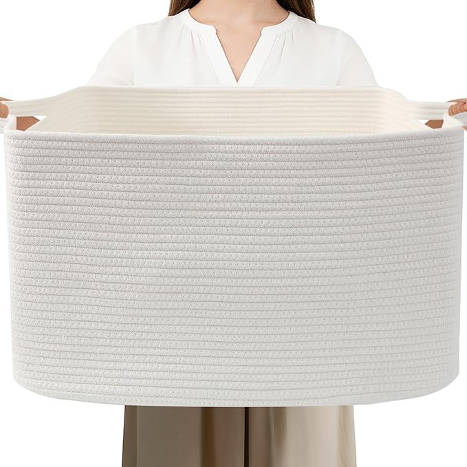 96L Large Blanket Basket,24"x16"x15"Rectangle Storage Bin with Handles,Woven Rope Laundry Basket for Toys, Clothes,Magazines,