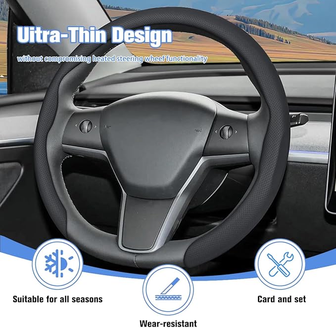 Car Nappa Leather Steering Wheel Cover, 15" Fashionable 5D Anti-Slip Vehicle Steering Wheel Protector, Breathable Auto Interi