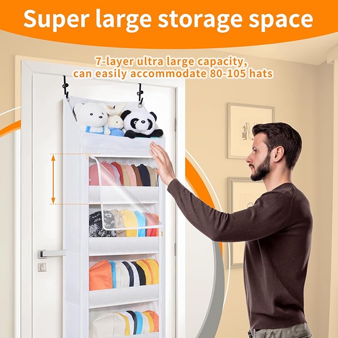 Toread 7-Layer Door-Mounted Baseball Cap Organizer, Dust-Proof Hat Rack Holds 90 Hats, Adjustable Non-Slip Hooks, Multi-Purpo