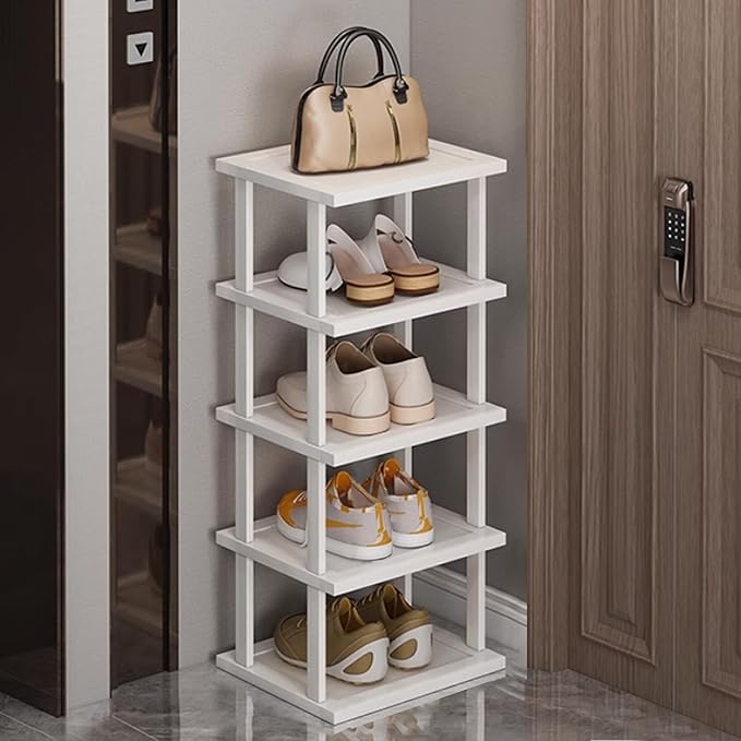 SAN HE Bamboo Shoe Rack 5Tier- Vertical White Shoe Rack for Small Spaces, Tall Narrow Shoe Rack Organizer for Closet Entryway