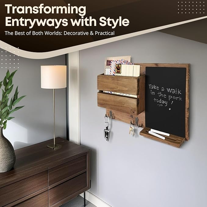 Flexzion Rustic Wood Entryway Mail Sorter Holder, Wall Mount Mudroom Storage Organizer with Blackboard Chalkboard Memo Board 