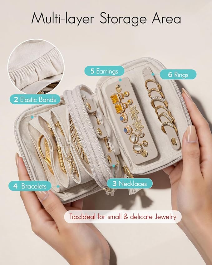 VLANDO Travel Jewelry Case,2-Layer Jewelry Organizer for Travel,Mothers Day Mom Gifts,Multi-Compartment Jewelry Storage for R
