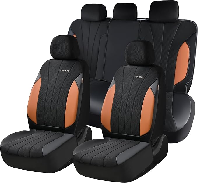 Coverado Seat Covers for Car, Leather Automotive Car Seat Covers 5 Seats, Mesh Breathable Auto Seat Protectors, Brown Seat Co