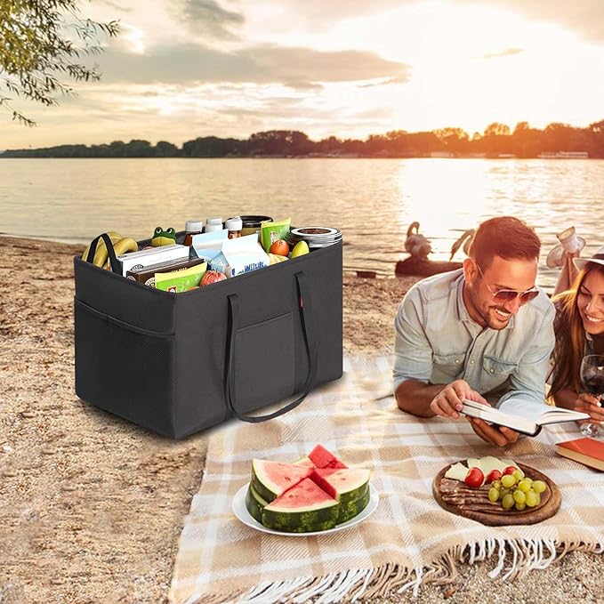 LHZK Standing Utility Tote Bag with Metal Wire Frame and the Sides Rinforced, Large Tote Bag with Handle, Reusable Grocery