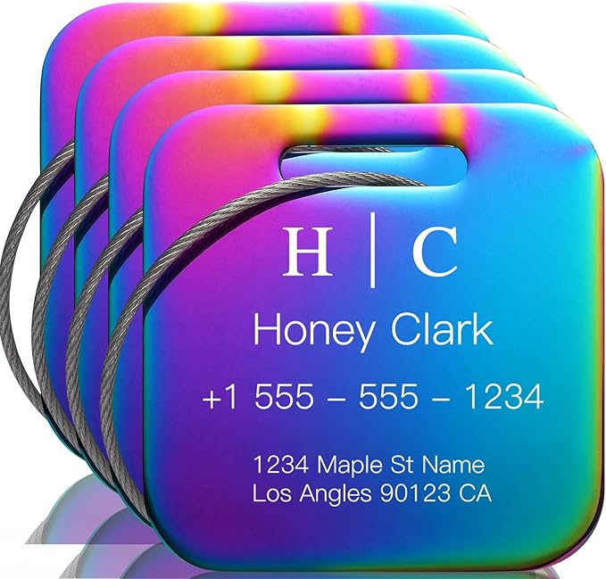Stainless Luggage Tags for Suitcases 4 Pack: Metal Personalized Luggage Tags for Backpacks & Bags with Customizable Texts (Ra
