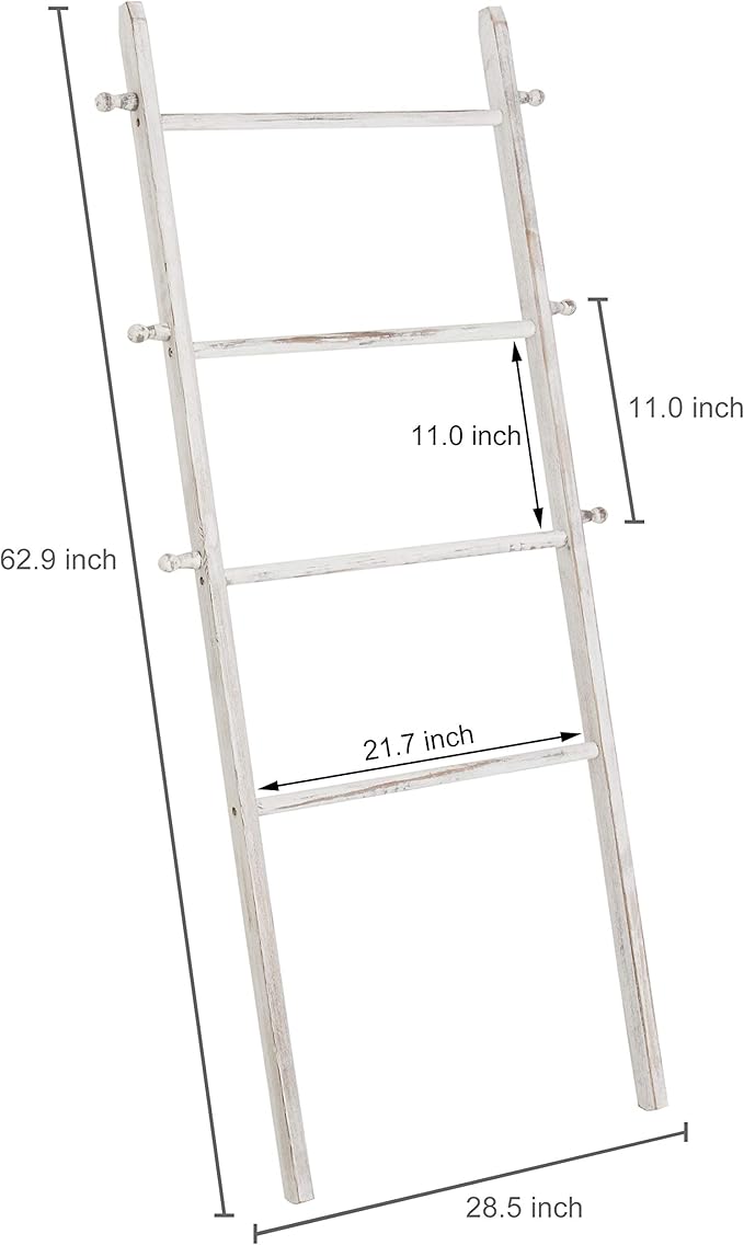 MyGift 63 Inch Wooden Blanket Ladder, White Quilt Towel Holder Rack, Wall Leaning 4 Rungs and 6 Pegged Hooks Farmhouse Decora