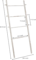 MyGift 63 Inch Wooden Blanket Ladder, White Quilt Towel Holder Rack, Wall Leaning 4 Rungs and 6 Pegged Hooks Farmhouse Decora