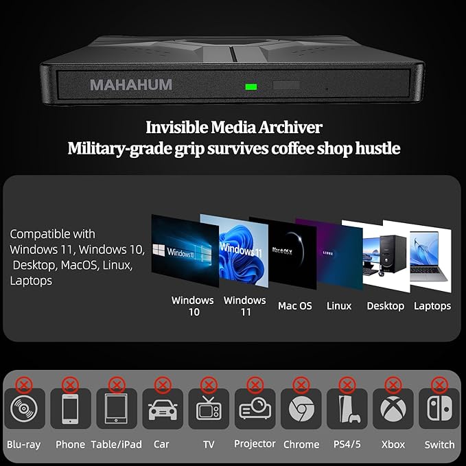 External CD/DVD Drive for Laptop Mac, USB 3.0 & Type-C 8-in-1 Portable DVD Player/Burner, Plug & Play Optical Drive, Compatible with Desktop PC, Windows 11/10/8, Linux, Mac OS, MacBook Pro/Air