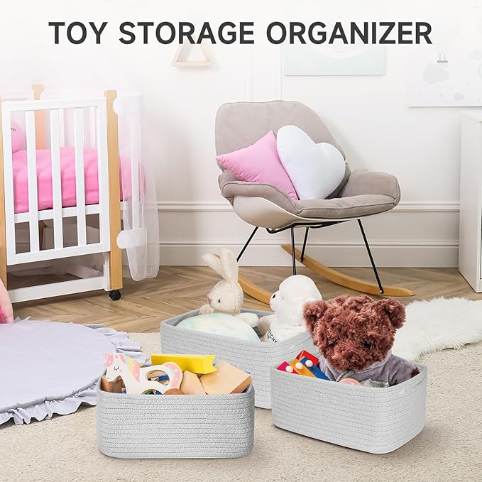 3-Pcs Shelf Baskets for Organizing, Closet Organizer Bins, Small Woven Baskets, Rope Toy Basket, Storage Basket for Shelves, 