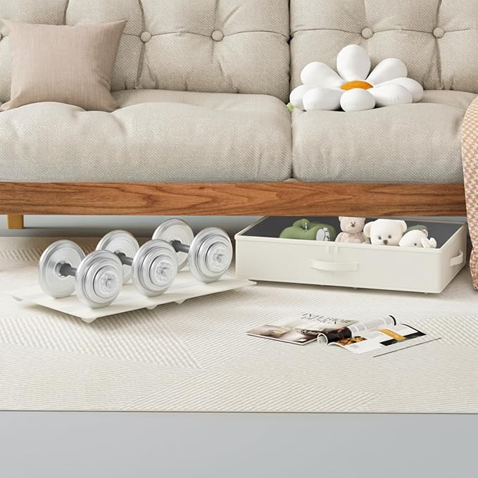 Under Bed Storage with Wheels, No Assemble Required 5.5 inches height beige under bed storage bins,Low Profile Rolling Underb