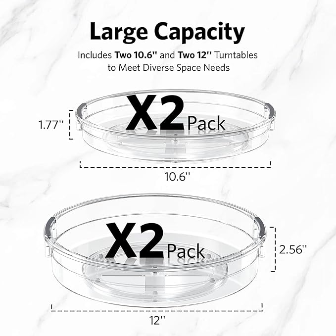 4 Pack Lazy Susan Organizer, Clear Lazy Susan Turntable, Set of 4 Acrylic Cabinet Organizer Shelf, Stackable Cabinet Riser fo
