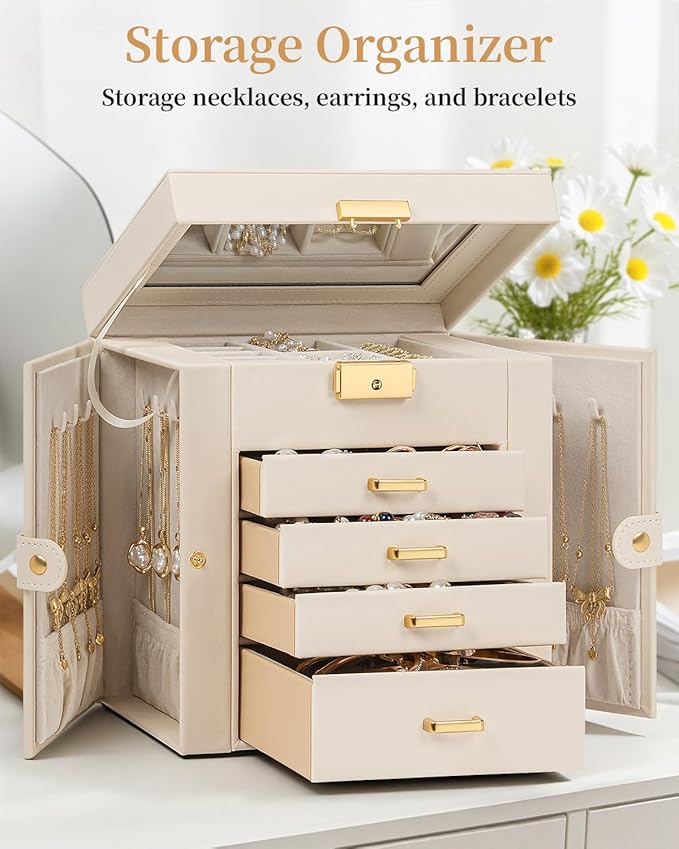 TORIBIO Jewelry Box for Women, Leather Jewelry Organizer with Mirror & Lock, 5-Tier Jewelry Storage Organizer with 4 Drawers 