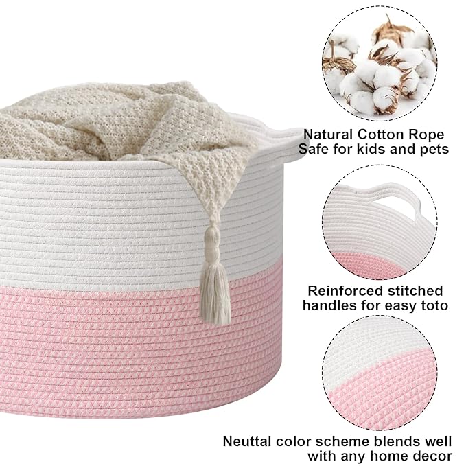 115L Extra Large Pink Woven Cotton Rope Basket with Handles, Kids Nursery Laundry Hamper for Toys, Blankets, Pillows & Comfor