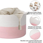 115L Extra Large Pink Woven Cotton Rope Basket with Handles, Kids Nursery Laundry Hamper for Toys, Blankets, Pillows & Comfor
