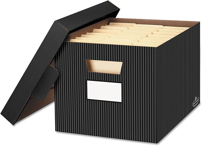 Bankers Box 4-Pack Pinstripe Design, Medium Duty File Storage Boxes with Lids, FastFold Assembly, Letter/Legal, STOR/FILE, (0