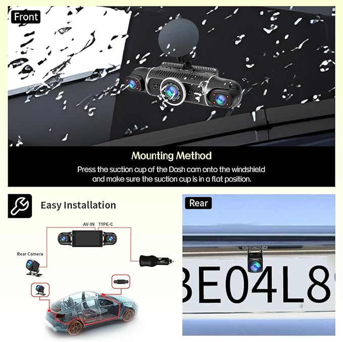 360° Dash Cam Front and Rear View 4 Channel Dash Camera FHD 2K+1080Px3 for Car, Inside/Back 170°+2x150°+170° Wide Angle, 8 IR