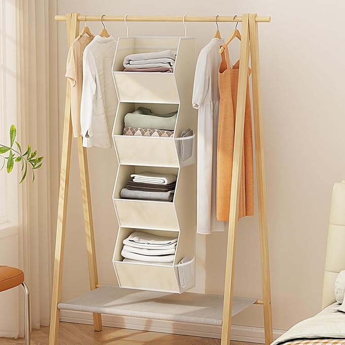 Hanging Closet Organizer 4 Shelf Collapsible Fabric Closet Organizers and Storage Hanging with Mesh Pocket for Clothes, Hangi