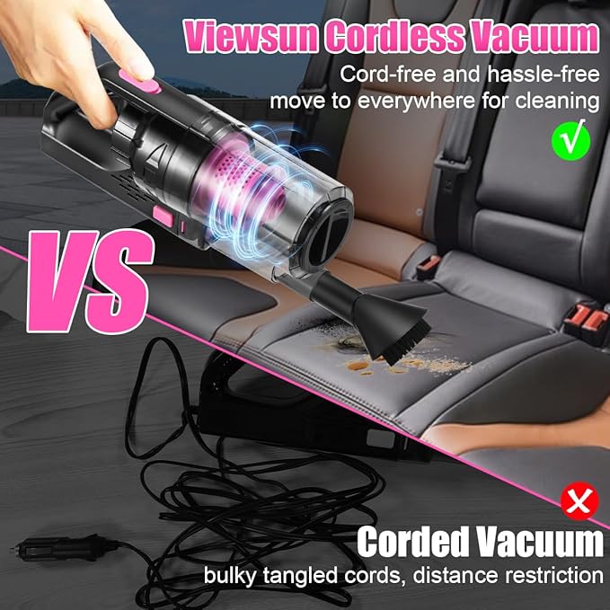 Viewsun Car Vacuum Cordless Rechargeable, 8000PA High Power Handheld Vacuum Cleaner with 17PCS Car Cleaning Kit, Pink Auto Ac