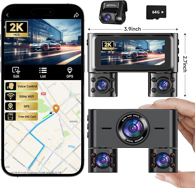 Dash Cam 360°, 4 Channel Camera for Cars Front and Rear Inside, 2K FHD Mini Dashcam, 5G WiFi, GPS, Free 64G Card, Voice Contr