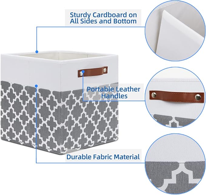 Temary 12x12x12 Fabric Storage Bins 4 Pack with Leather Handle, Foldable Cubes Storage Box Baskets for Closet, Shelf (White&L