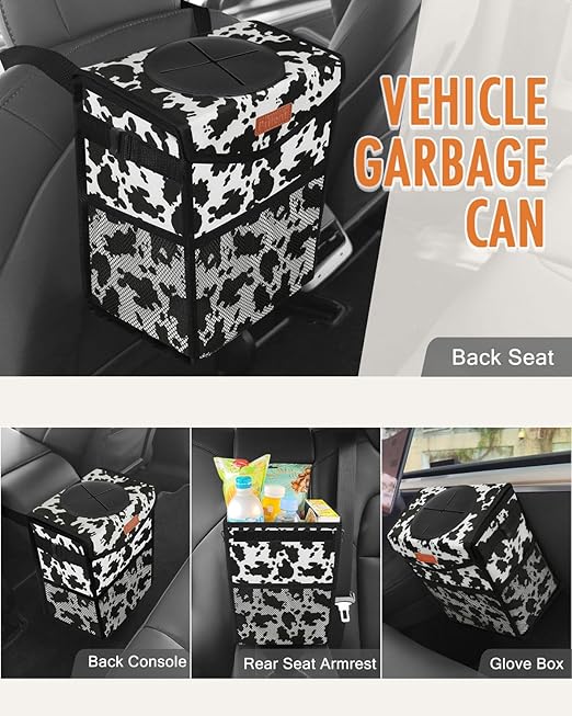 Car Trash Can with Lid, Cute Leakproof Car Trash Garbage Bag Hanging Vehicle Trash Bin Small Portable Automotive Garbage Cans Organizer for Back/Front Seat/Console(2.8 Gallons,Cow Print)