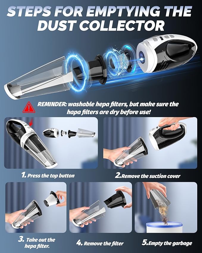 BRL Handheld Vacuum Cordless, Car Vacuum Cleaner with Powerful Suction, 2 Modes Mini Hand Vacuum, Dry & Wet, LED Light, Porta