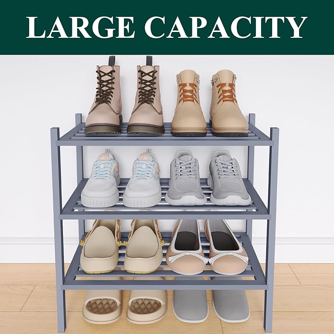 Smiry Small Bamboo Shoe Rack 3-Tier, Stackable Wooden Shoe Organizer for Entryway & Closet, Free Standing Wood Shoe Storage S