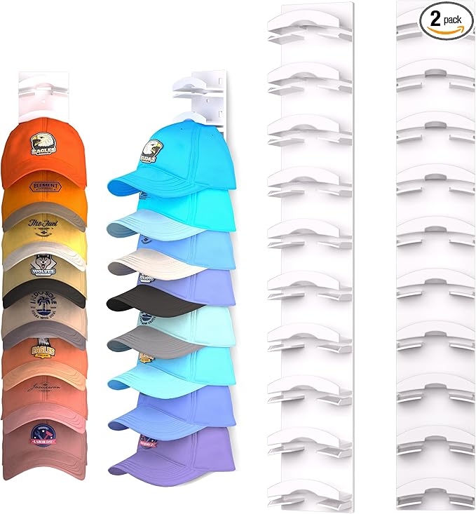 Hat Organizer for Baseball Caps 2Pack, Hat Rack for Wall with Strong Adhesive Hold up to 20 Hats, Hat Hanger Holder Display f