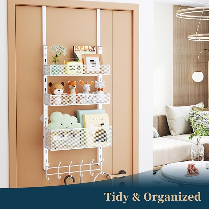 Consumest Over The Door Hooks Organizer - 4 Tier Door Coat Rack with 3 Baskets and 12 Hooks, Stainless Steel Towel Hanger for
