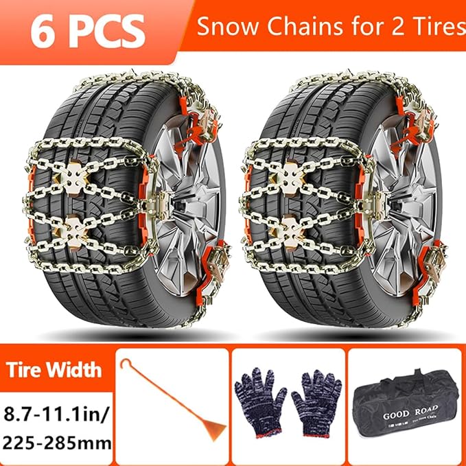 Tire Chains, Snow Chains for Car/SUV/Pickup, for Tire Width（225-285mm), Adjustable Universal Emergency Thickening Chains, 6PC
