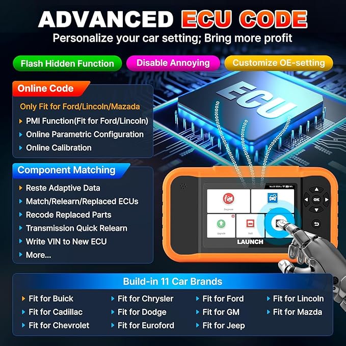 LAUNCH X431 Creader Elite 2.0 FGC OBD2 Scanner,ECU Code, Bi-Directional Scan Tool for Ford, for GM, for Chrysler,100+ Reset,