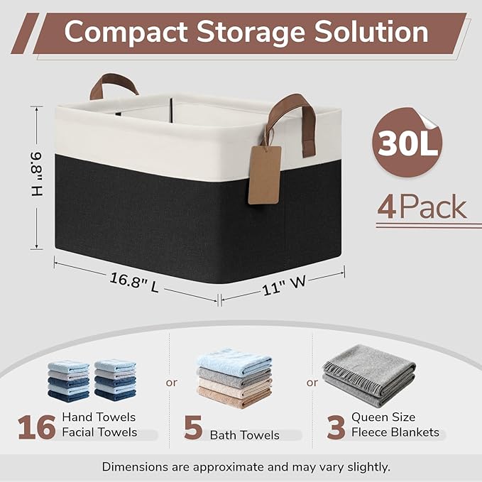 CHICVITA 4 Pack Large Storage Baskets for Shelves, Collapsible Fabric Storage Bins with Metal Frame Handles, Decorative Close
