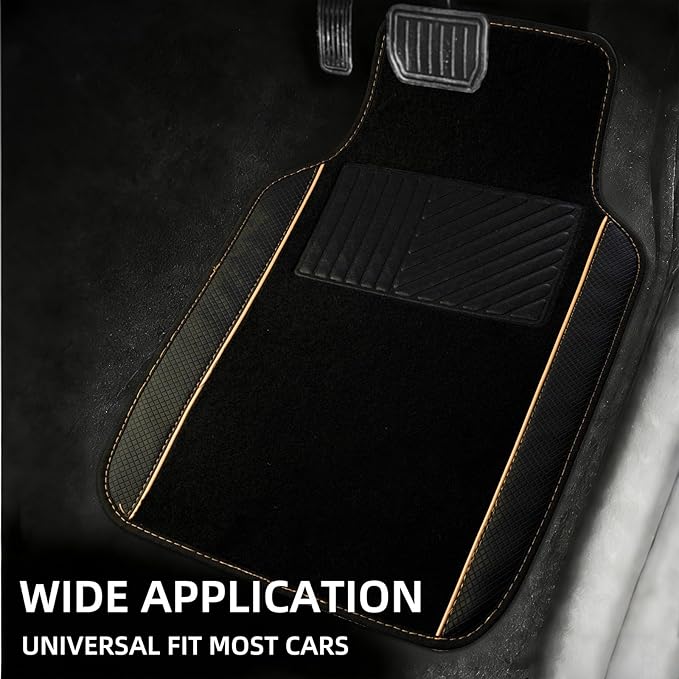 NBTEPEM Waterproof Universal Fit Car Floor Mats, Faux Leather Sporty Car Carpet Mats with Anti-Slip Nibbs Backing & Driver Heel Pad Fit for SUV, Vans, Sedans, Trucks, Set of 4 (Black with Beige line)