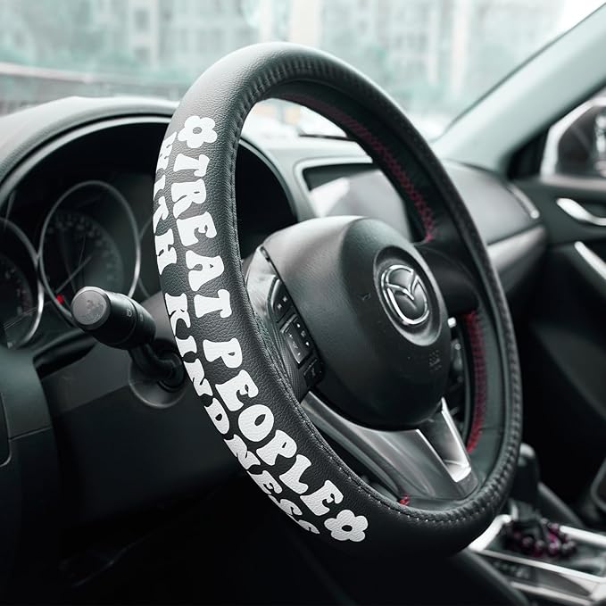 Treat People with Kindness Car Leather Steering Wheel Cover - 15-inch Universal Microfiber- Soft & Breathable & Silicone Anti