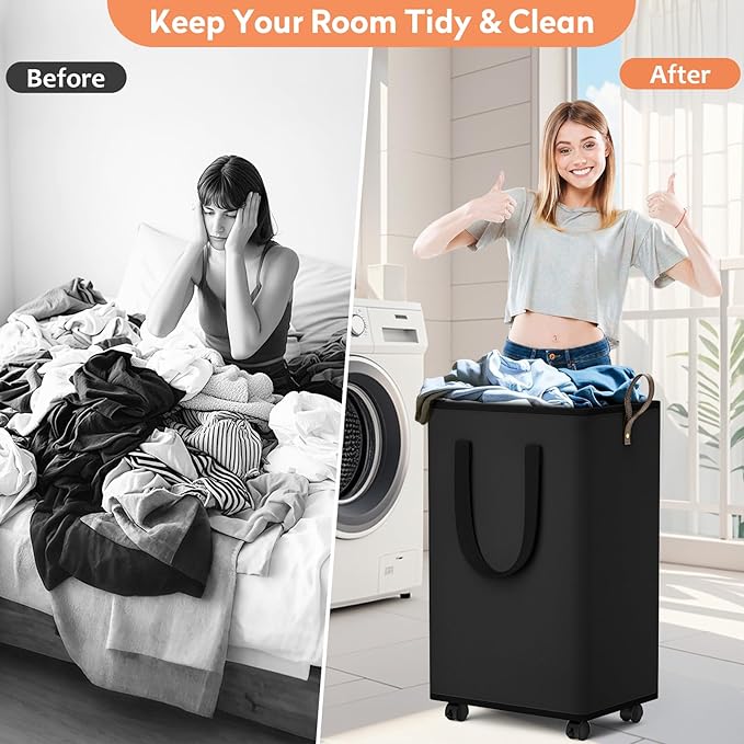 SpaceTrove Laundry Basket with Wheels, Collapsible Laundry Baskets, Laundry Hamper with Handles Detachable Wheels, Rolling La