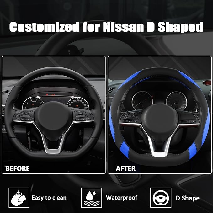 West Llama Flat Bottom Car Steering Wheel Cover for Nissan,D Shaped Steering Wheel Cover for Rogue,Altima,Kicks (Black+Blue-S