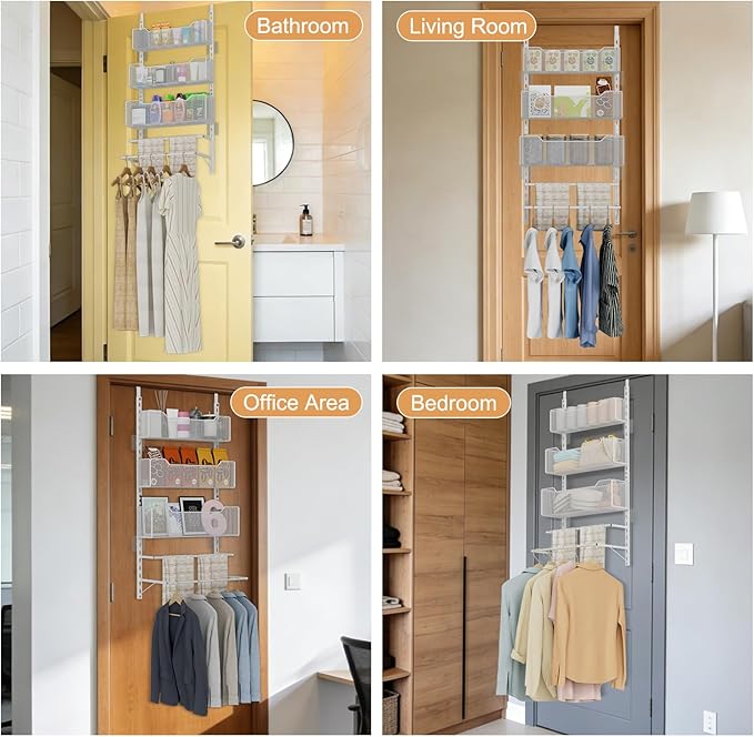 VyGrow Over the Door Storage Organizer with 3 Tier Mesh Baskets 2 Hanging Rods, 2 Mounting Options, Heavy Duty Clothes Hanger