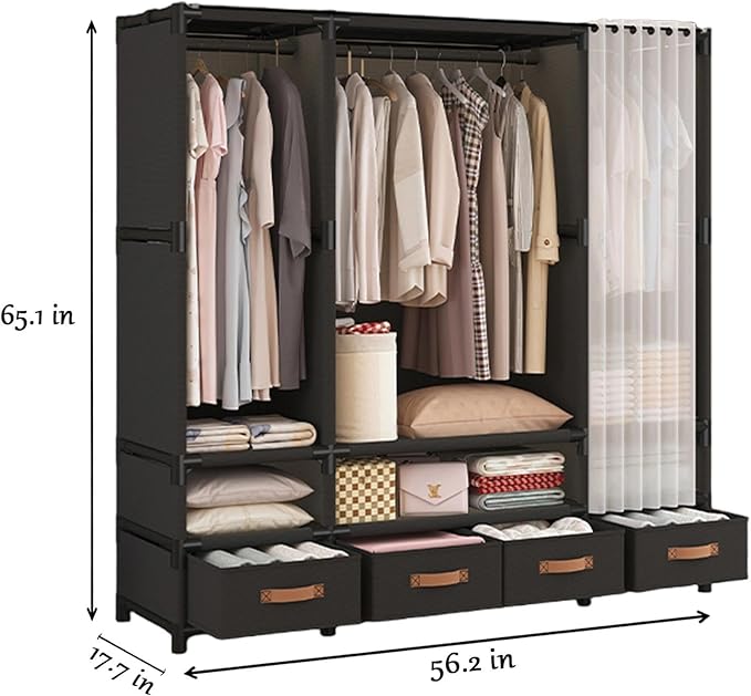Portable Closet,Portable Closets for Hanging Clothes,Japanese Style Wardrobe Clothing Rack with 4 Drawers,3 Hanging Rods and 