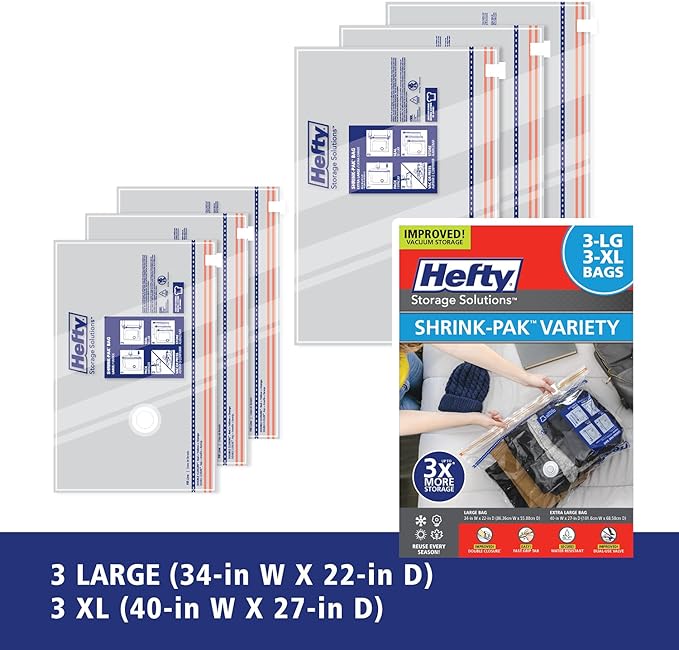 Hefty Shrink-Pak Vacuum Storage Bags - Space Saver for Under Bed Storage, Clothing and Comforters, Odor Resistant, 3X More St