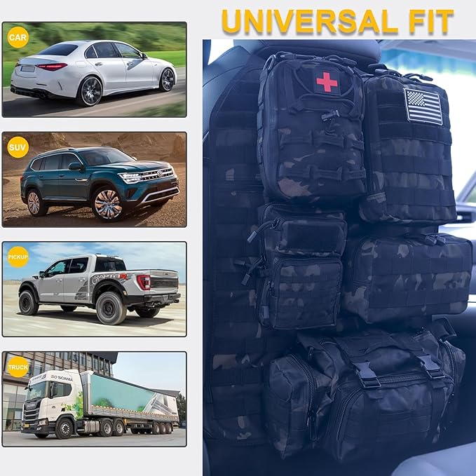 Universal Tactical Car Seat Back Organizer Bag Tactical Molle Vehicle Organizers Panel Vehicle Protector Organizers with 5 Detachable Pouches for Car Truck Ford Jeep (Model A-Black camo)