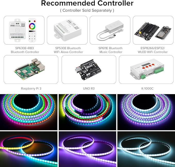 WS2812B Addressable LED Strip 16.4ft 160LEDs/m High Density 5V RGB Individual Lighting 800 ICS Flexible 5mm COB Uniform Light for Bedroom Car Decor | No Controller/Adapter
